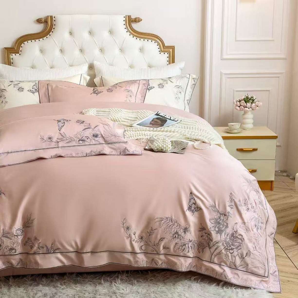 edra 2026新款纯棉长绒棉轻奢刺绣床盖款四件套-蝴蝶 蝴蝶粉