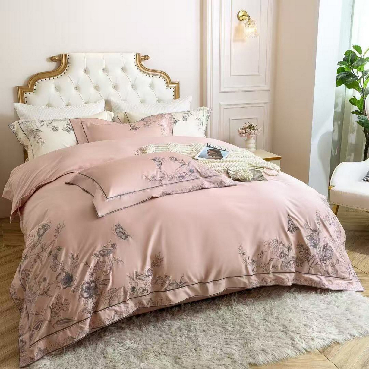 91家纺网 家纺一手货源 找家纺 edra 2026新款纯棉长绒棉轻奢刺绣床盖款四件套-蝴蝶 蝴蝶粉