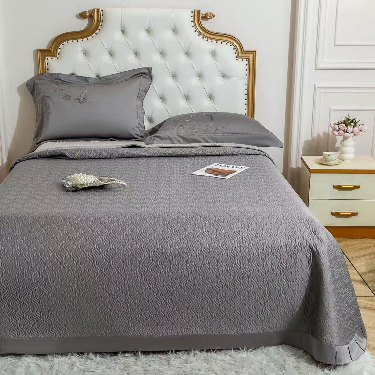 91家纺网 家纺一手货源 找家纺 edra 2026新款纯棉长绒棉轻奢刺绣床盖款四件套-蝴蝶 蝴蝶灰