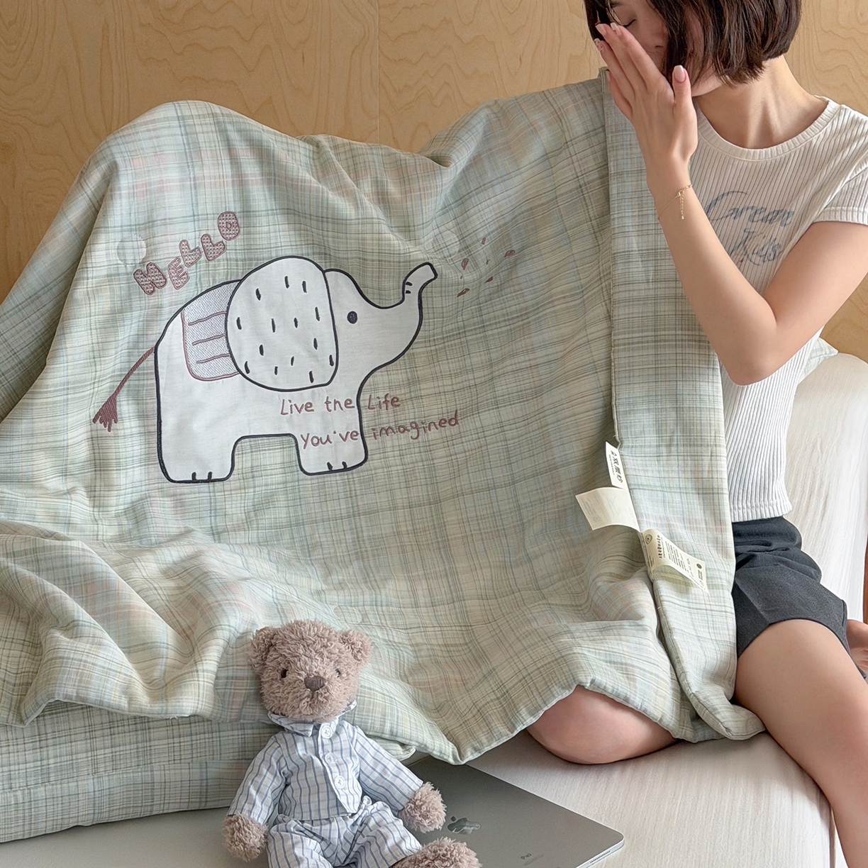 91家纺网 家纺一手货源 找家纺 一加一 2026新款全棉双层纱贴布绣大豆夏被-格格乐园 软萌小象