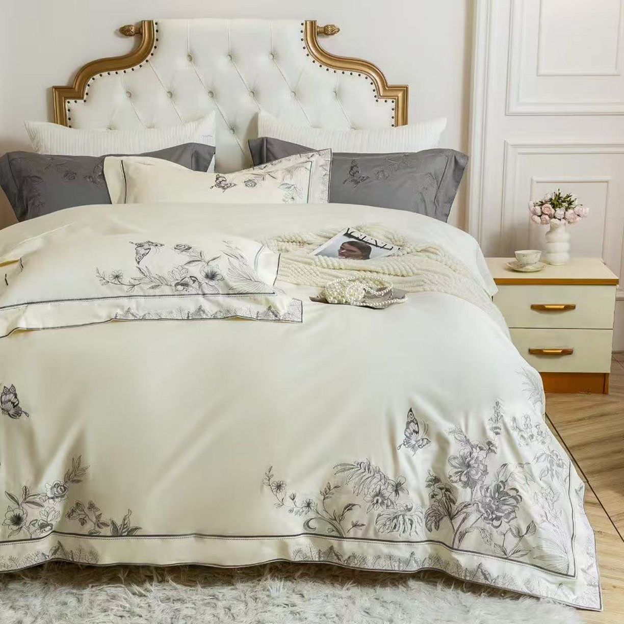 edra 2026新款纯棉长绒棉轻奢刺绣床盖款四件套-蝴蝶 蝴蝶奶白