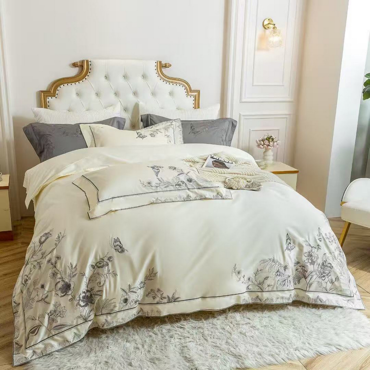 91家纺网 家纺一手货源 找家纺 edra 2026新款纯棉长绒棉轻奢刺绣床盖款四件套-蝴蝶 蝴蝶奶白