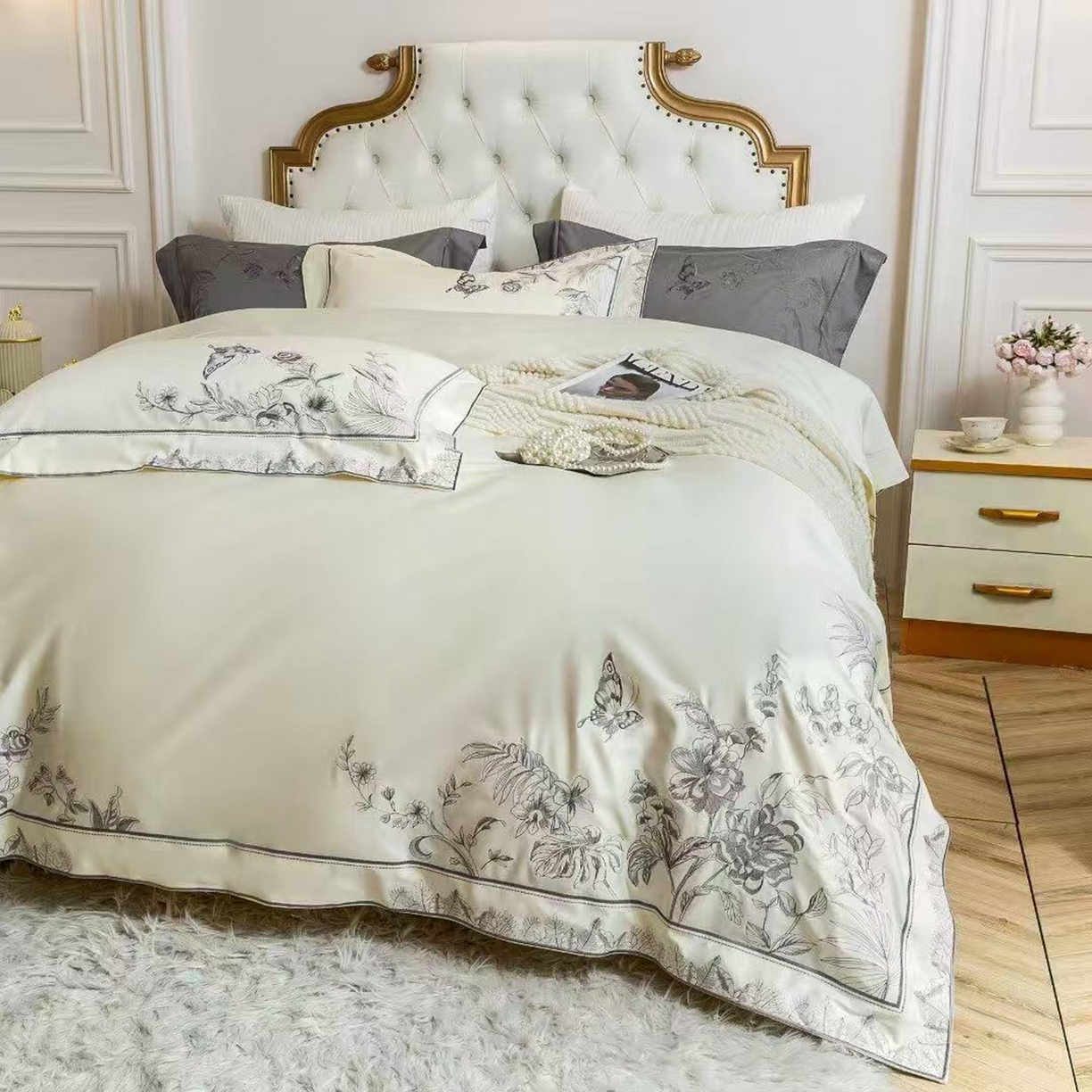 91家纺网 家纺一手货源 找家纺 edra 2026新款纯棉长绒棉轻奢刺绣床盖款四件套-蝴蝶 蝴蝶奶白