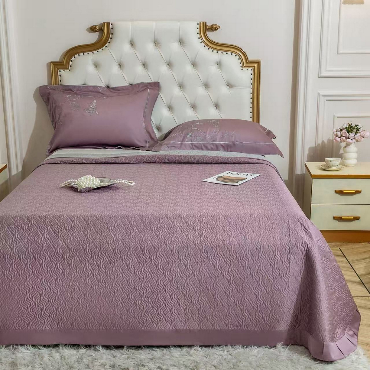 91家纺网 家纺一手货源 找家纺 edra 2026新款纯棉长绒棉轻奢刺绣床盖款四件套-蝴蝶 蝴蝶紫