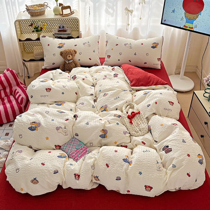 91家纺网 家纺一手货源 找家纺 梦纤绒 2026春夏新款简单款泡芙纱印花四件套 萌星奇遇