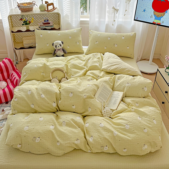 91家纺网 家纺一手货源 找家纺 梦纤绒 2026春夏新款简单款泡芙纱印花四件套 抹茶梅梅