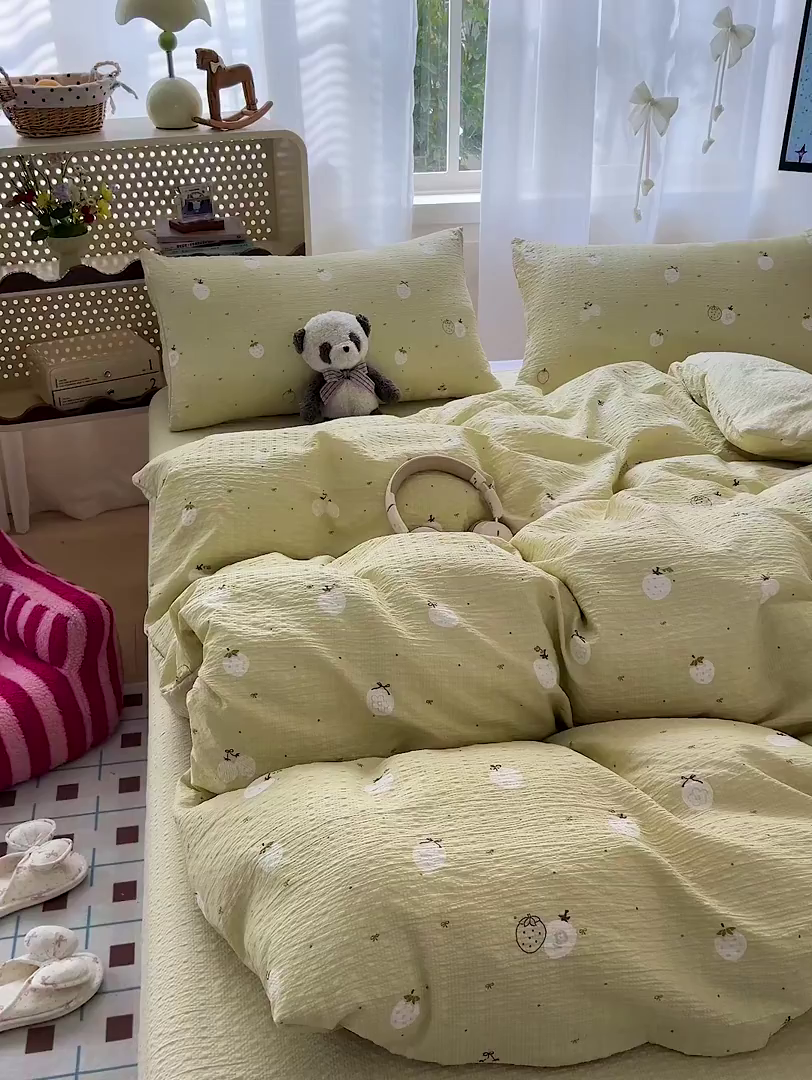 91家纺网 家纺一手货源 找家纺 梦纤绒 2026春夏新款简单款泡芙纱印花四件套 抹茶梅梅