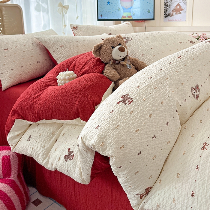 梦纤绒 2026春夏新款简单款泡芙纱印花四件套 木马甜心