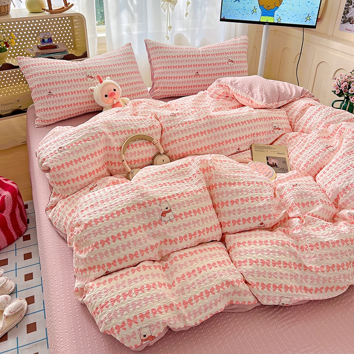 91家纺网 家纺一手货源 找家纺 梦纤绒 2026春夏新款简单款泡芙纱印花四件套 泡芙小狗