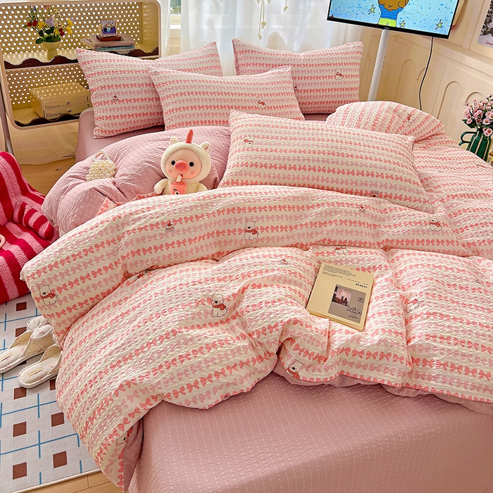 91家纺网 家纺一手货源 找家纺 梦纤绒 2026春夏新款简单款泡芙纱印花四件套 泡芙小狗