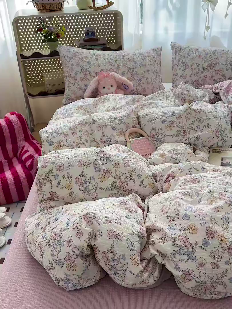 91家纺网 家纺一手货源 找家纺 梦纤绒 2026春夏新款简单款泡芙纱印花四件套 诗意柔