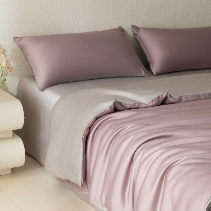 91家纺网 家纺一手货源 找家纺 禾时 2026新款60支奥地利兰精双拼纯色天丝四件套 满天星紫-曙光银