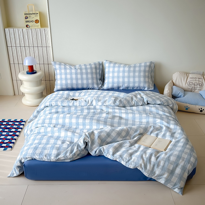 Mr.pig猪先生水洗棉 2026新款莱赛尔纤维印花四件套 线条蓝格子