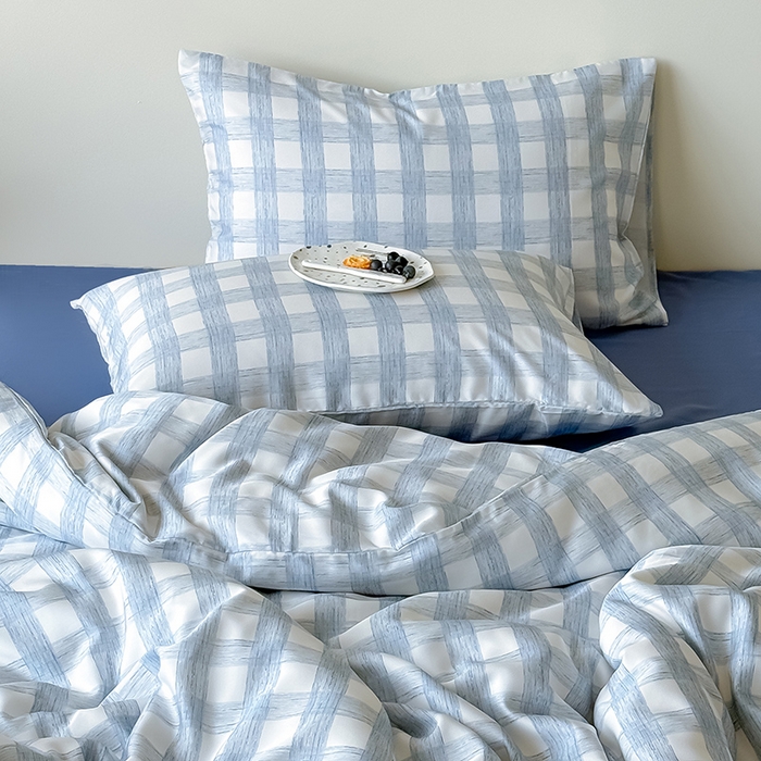 91家纺网 家纺一手货源 找家纺 Mr.pig猪先生水洗棉 2026新款莱赛尔纤维印花四件套 线条蓝格子