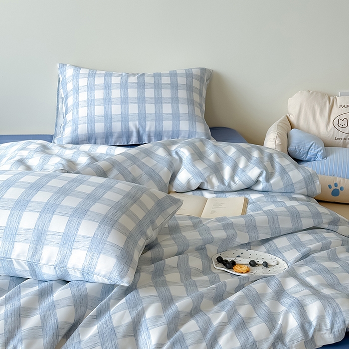 91家纺网 家纺一手货源 找家纺 Mr.pig猪先生水洗棉 2026新款莱赛尔纤维印花四件套 线条蓝格子