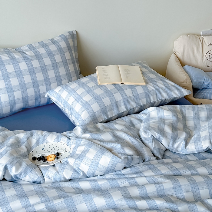 91家纺网 家纺一手货源 找家纺 Mr.pig猪先生水洗棉 2026新款莱赛尔纤维印花四件套 线条蓝格子