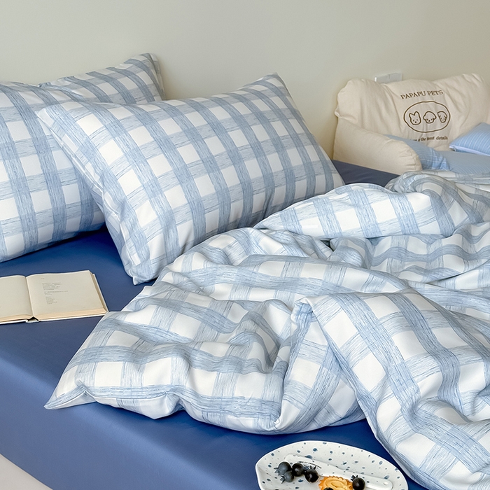 91家纺网 家纺一手货源 找家纺 Mr.pig猪先生水洗棉 2026新款莱赛尔纤维印花四件套 线条蓝格子