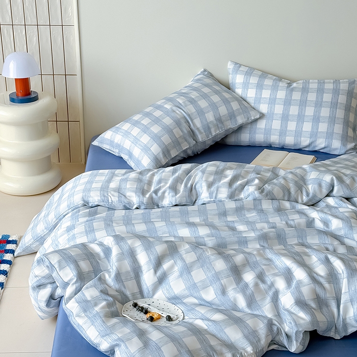 91家纺网 家纺一手货源 找家纺 Mr.pig猪先生水洗棉 2026新款莱赛尔纤维印花四件套 线条蓝格子