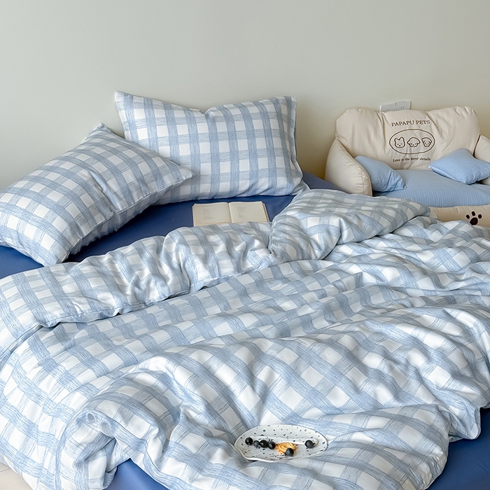 91家纺网 家纺一手货源 找家纺 Mr.pig猪先生水洗棉 2026新款莱赛尔纤维印花四件套 线条蓝格子