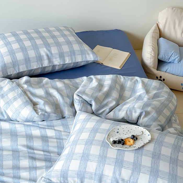 91家纺网 家纺一手货源 找家纺 Mr.pig猪先生水洗棉 2026新款莱赛尔纤维印花四件套 线条蓝格子