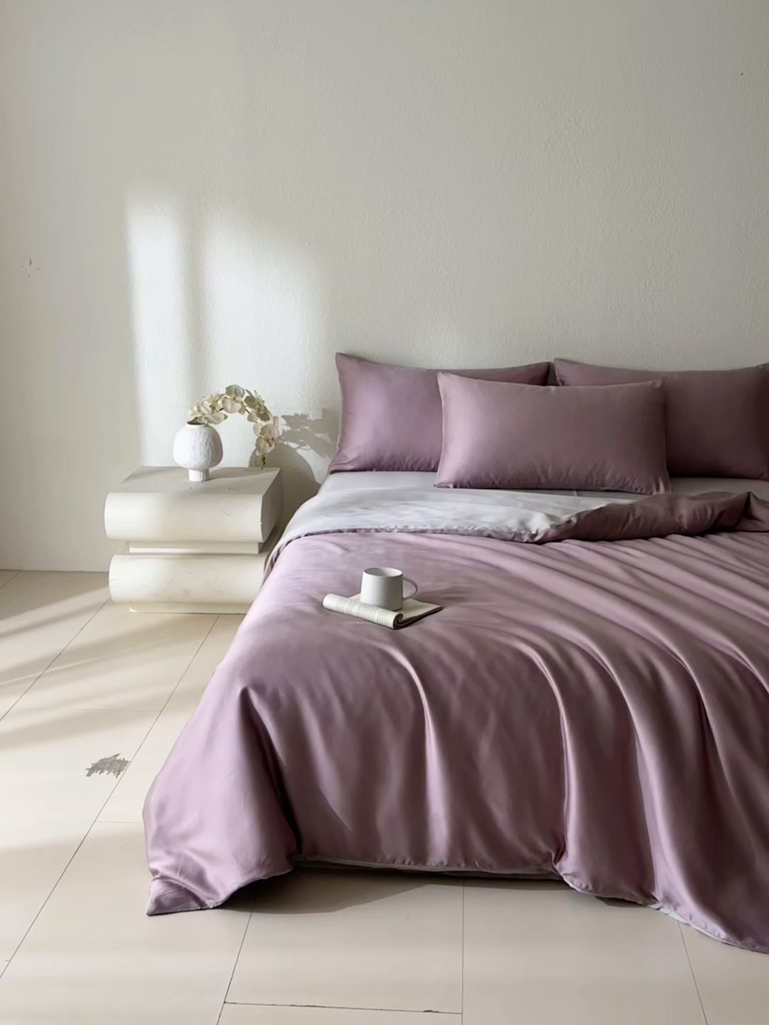 91家纺网 家纺一手货源 找家纺 禾时 2026新款60支奥地利兰精双拼纯色天丝四件套 满天星紫-曙光银