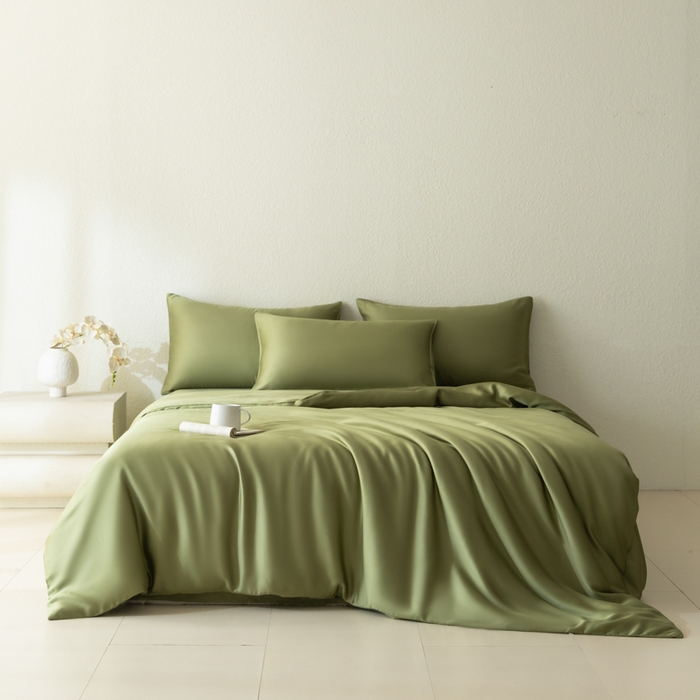 91家纺网 家纺一手货源 找家纺 禾时 2026新款60支奥地利兰精双拼纯色天丝四件套 欧芹绿