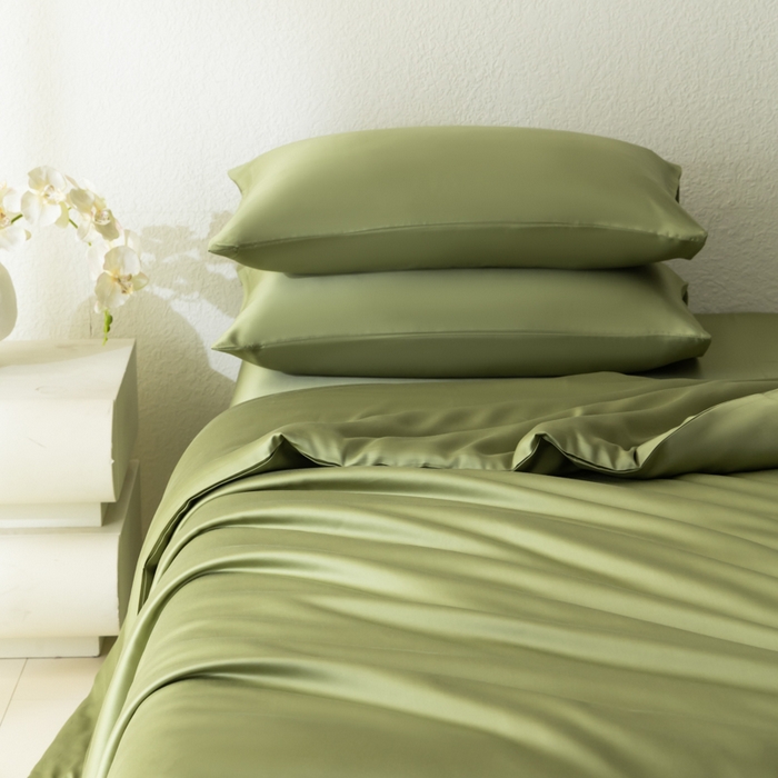 91家纺网 家纺一手货源 找家纺 禾时 2026新款60支奥地利兰精双拼纯色天丝四件套 欧芹绿