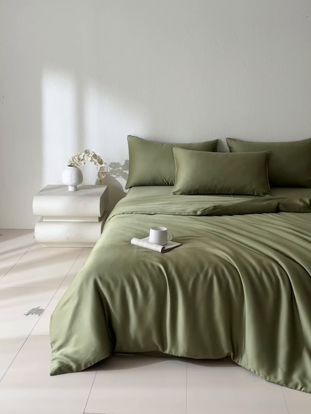 91家纺网 家纺一手货源 找家纺 禾时 2026新款60支奥地利兰精双拼纯色天丝四件套 欧芹绿