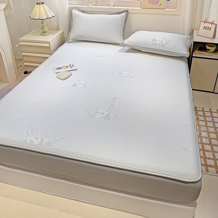 91家纺网 家纺一手货源 找家纺 富馨莱 2026新款PE乙纶高克重冰豆豆席凉感凉席单件席子床笠款支持一件定做尺寸学生宿舍 熊猫嘟嘟-蓝