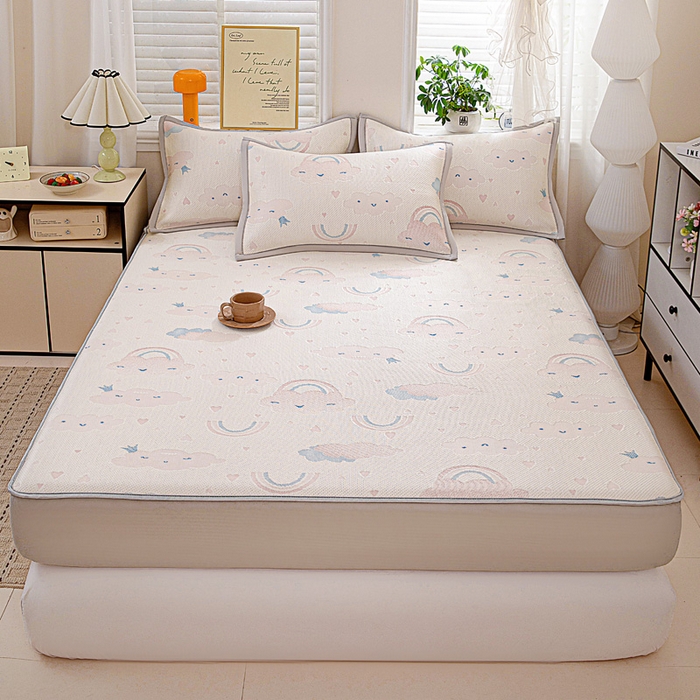 91家纺网 家纺一手货源 找家纺 富馨莱 2026新款PE乙纶高克重冰豆豆席凉感凉席单件席子床笠款支持一件定做尺寸学生宿舍 爱心彩虹