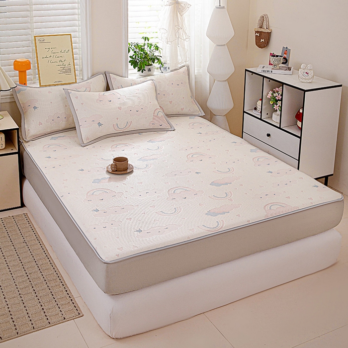 91家纺网 家纺一手货源 找家纺 富馨莱 2026新款PE乙纶高克重冰豆豆席凉感凉席单件席子床笠款支持一件定做尺寸学生宿舍 爱心彩虹