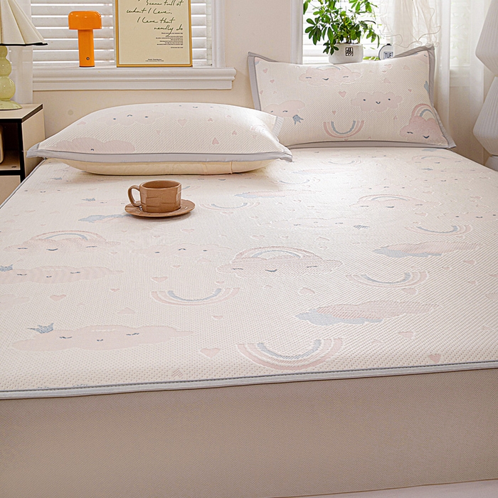 91家纺网 家纺一手货源 找家纺 富馨莱 2026新款PE乙纶高克重冰豆豆席凉感凉席单件席子床笠款支持一件定做尺寸学生宿舍 爱心彩虹