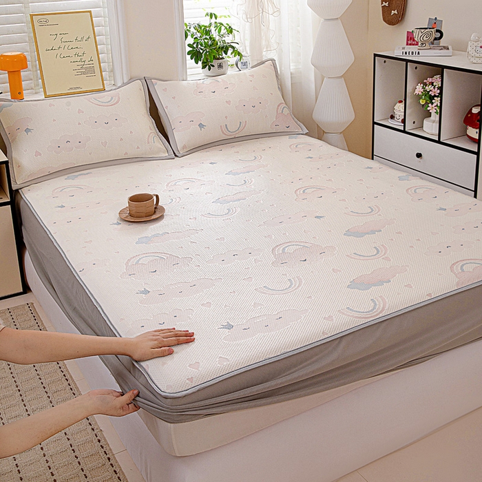 富馨莱 2026新款PE乙纶高克重冰豆豆席凉感凉席单件席子床笠款支持一件定做尺寸学生宿舍 爱心彩虹