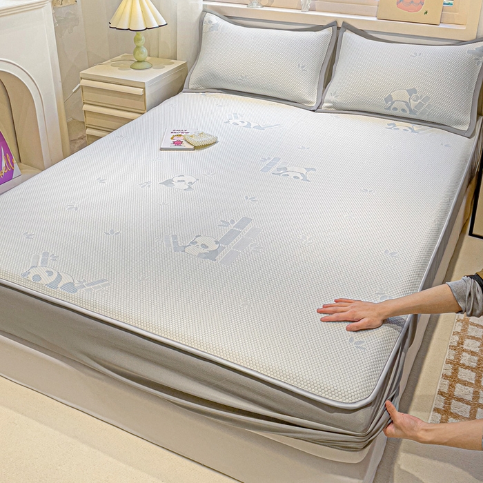 富馨莱 2026新款PE乙纶高克重冰豆豆席凉感凉席单件席子床笠款支持一件定做尺寸学生宿舍 熊猫嘟嘟-蓝