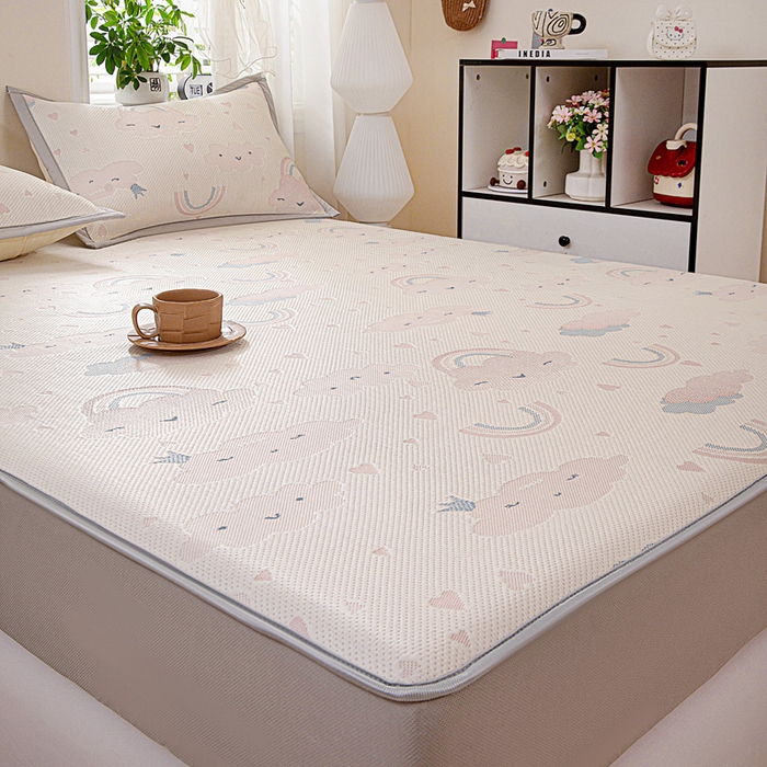 91家纺网 家纺一手货源 找家纺 富馨莱 2026新款PE乙纶高克重冰豆豆席凉感凉席单件席子床笠款支持一件定做尺寸学生宿舍 爱心彩虹