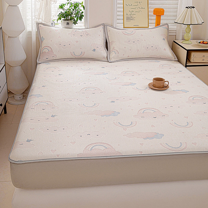 91家纺网 家纺一手货源 找家纺 富馨莱 2026新款PE乙纶高克重冰豆豆席凉感凉席单件席子床笠款支持一件定做尺寸学生宿舍 爱心彩虹