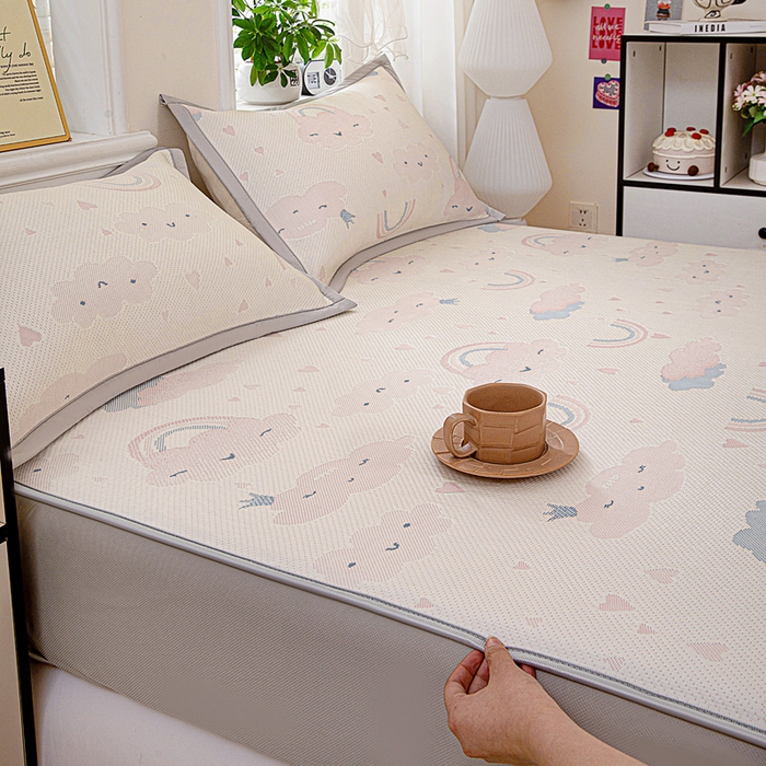 91家纺网 家纺一手货源 找家纺 富馨莱 2026新款PE乙纶高克重冰豆豆席凉感凉席单件席子床笠款支持一件定做尺寸学生宿舍 爱心彩虹