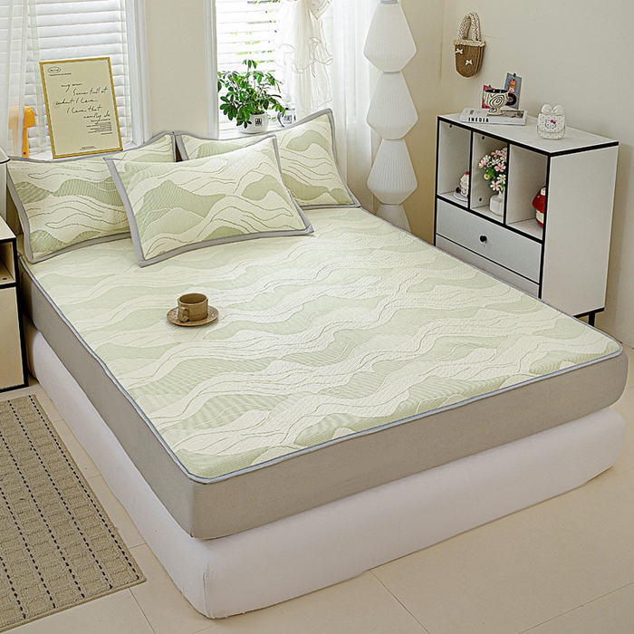 91家纺网 家纺一手货源 找家纺 富馨莱 2026新款PE乙纶高克重冰豆豆席凉感凉席单件席子床笠款支持一件定做尺寸学生宿舍 波纹-绿