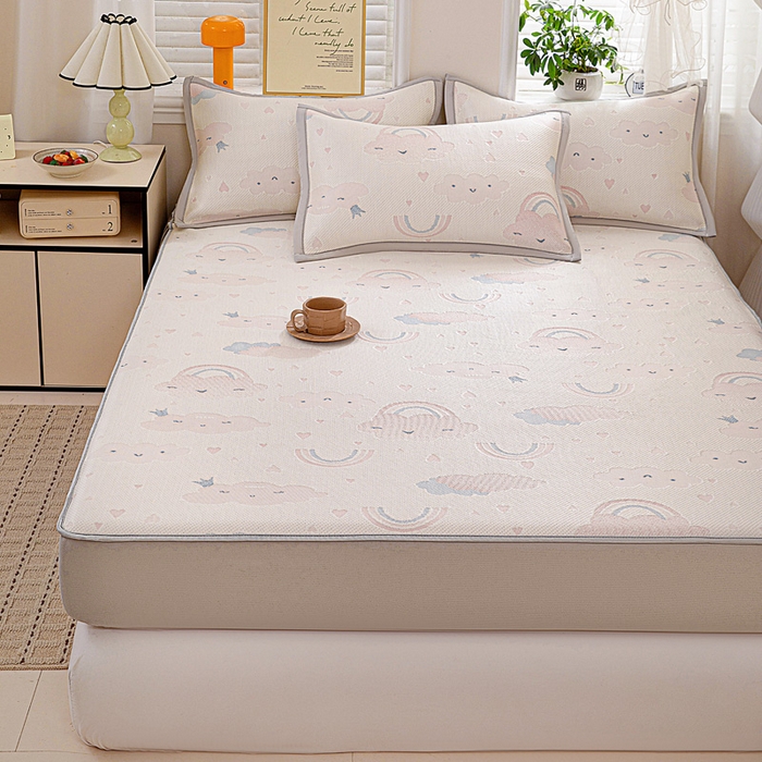 91家纺网 家纺一手货源 找家纺 富馨莱 2026新款PE乙纶高克重冰豆豆席凉感凉席单件席子床笠款支持一件定做尺寸学生宿舍 爱心彩虹