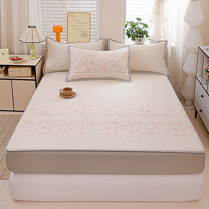 91家纺网 家纺一手货源 找家纺 富馨莱 2026新款PE乙纶高克重冰豆豆席凉感凉席单件席子床笠款支持一件定做尺寸学生宿舍 爱意满满-粉