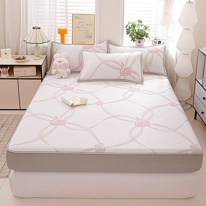 91家纺网 家纺一手货源 找家纺 富馨莱 2026新款PE乙纶高克重冰豆豆席凉感凉席单件席子床笠款支持一件定做尺寸学生宿舍 天鹅-粉