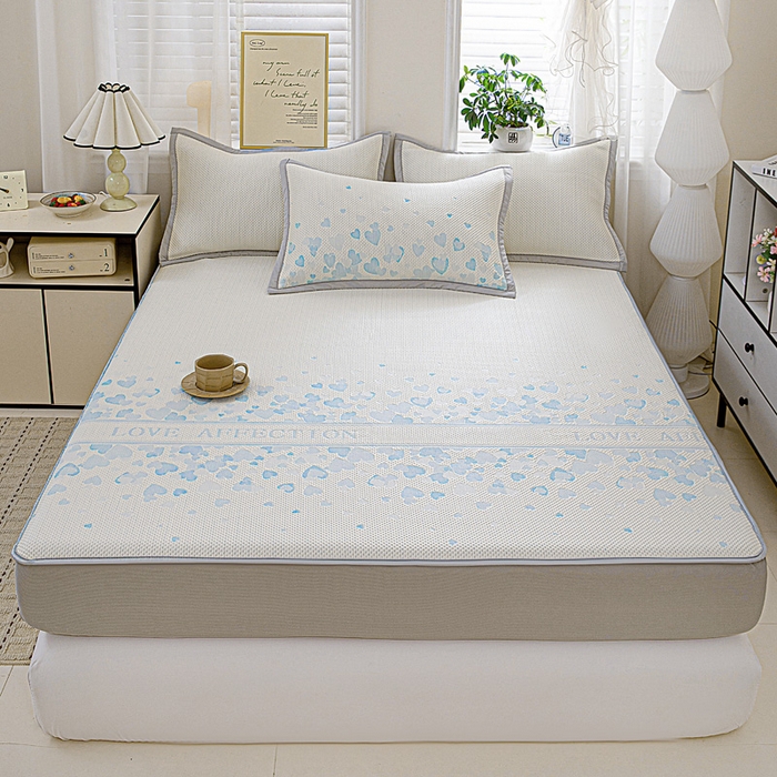 91家纺网 家纺一手货源 找家纺 富馨莱 2026新款PE乙纶高克重冰豆豆席凉感凉席单件席子床笠款支持一件定做尺寸学生宿舍 爱意满满-蓝