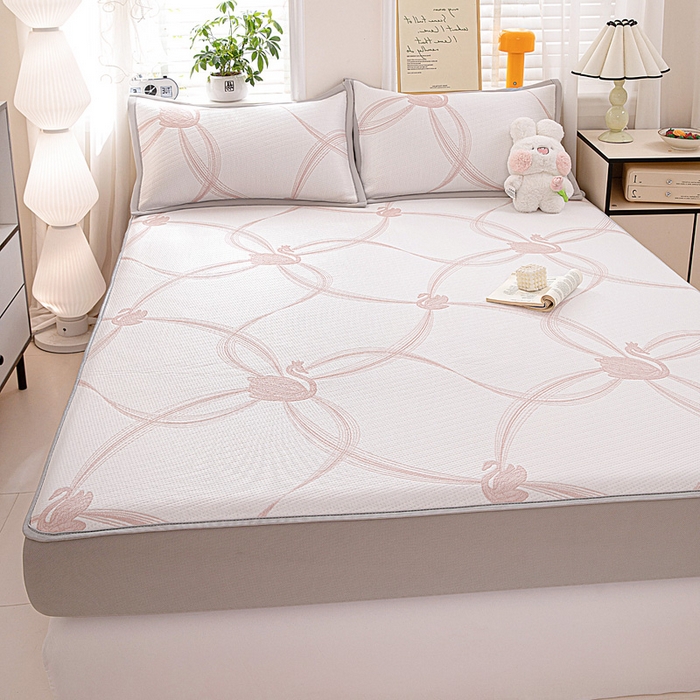 91家纺网 家纺一手货源 找家纺 富馨莱 2026新款PE乙纶高克重冰豆豆席凉感凉席单件席子床笠款支持一件定做尺寸学生宿舍 天鹅-粉