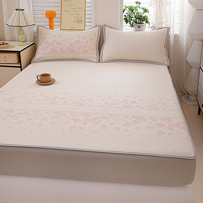 91家纺网 家纺一手货源 找家纺 富馨莱 2026新款PE乙纶高克重冰豆豆席凉感凉席单件席子床笠款支持一件定做尺寸学生宿舍 爱意满满-粉