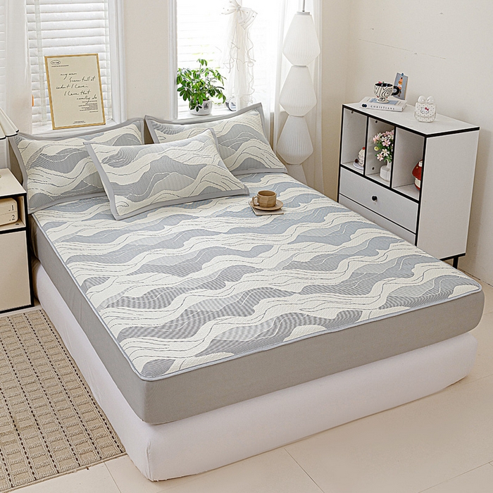 91家纺网 家纺一手货源 找家纺 富馨莱 2026新款PE乙纶高克重冰豆豆席凉感凉席单件席子床笠款支持一件定做尺寸学生宿舍 波纹-蓝灰