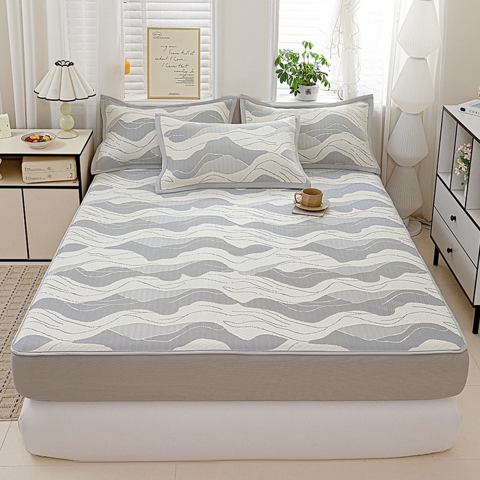 91家纺网 家纺一手货源 找家纺 富馨莱 2026新款PE乙纶高克重冰豆豆席凉感凉席单件席子床笠款支持一件定做尺寸学生宿舍 波纹-蓝灰