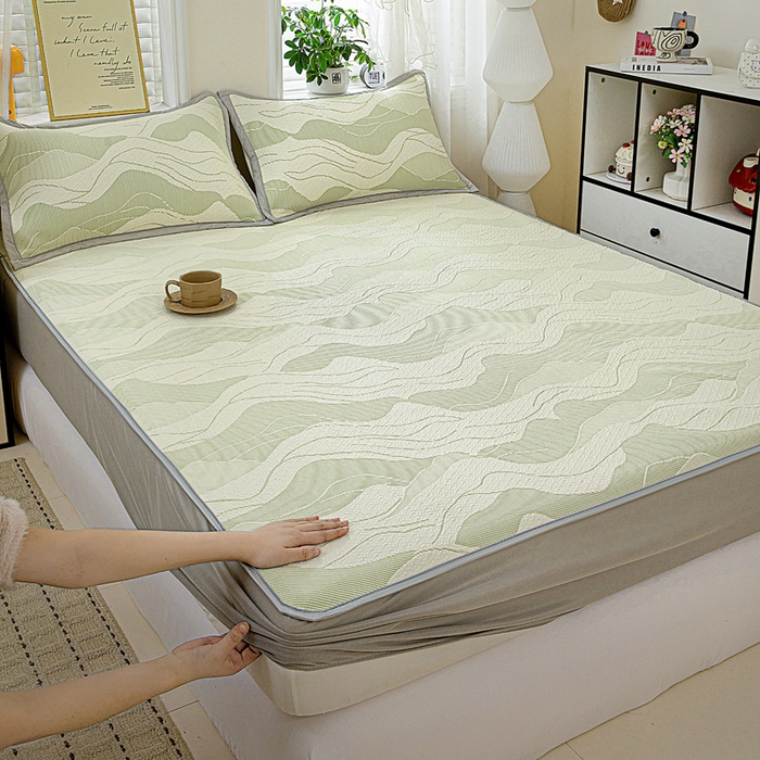 富馨莱 2026新款PE乙纶高克重冰豆豆席凉感凉席单件席子床笠款支持一件定做尺寸学生宿舍 波纹-绿