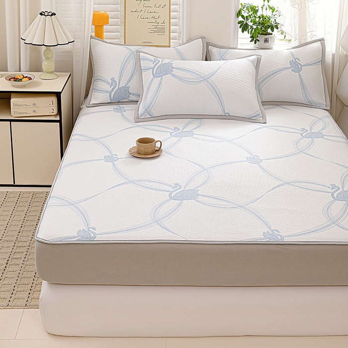 91家纺网 家纺一手货源 找家纺 富馨莱 2026新款PE乙纶高克重冰豆豆席凉感凉席单件席子床笠款支持一件定做尺寸学生宿舍 天鹅-蓝