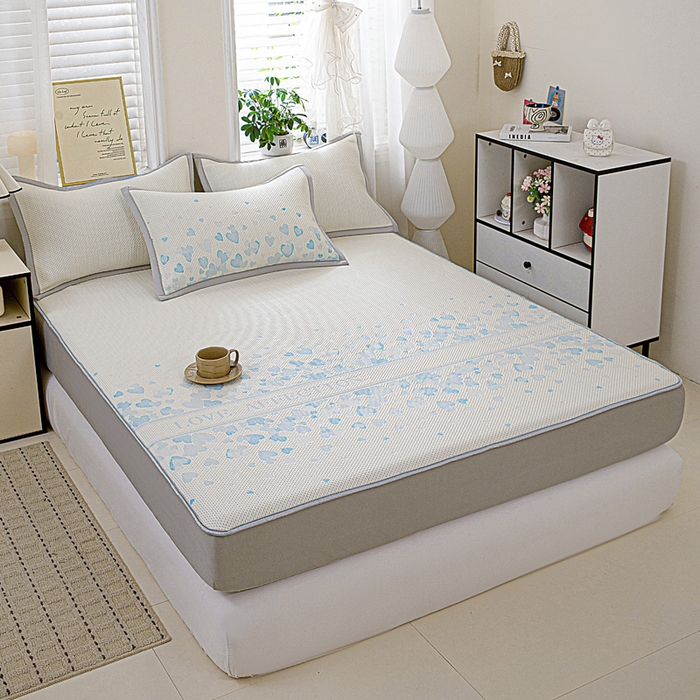 91家纺网 家纺一手货源 找家纺 富馨莱 2026新款PE乙纶高克重冰豆豆席凉感凉席单件席子床笠款支持一件定做尺寸学生宿舍 爱意满满-蓝