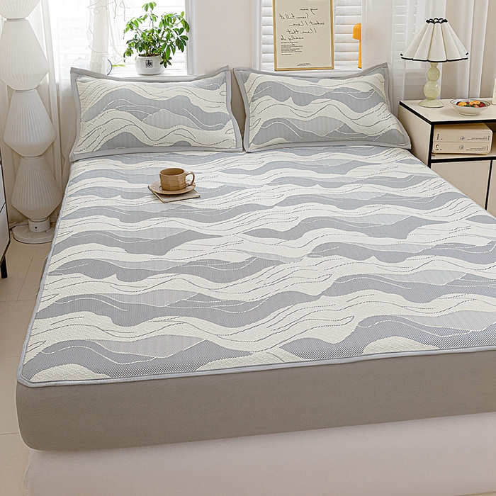 91家纺网 家纺一手货源 找家纺 富馨莱 2026新款PE乙纶高克重冰豆豆席凉感凉席单件席子床笠款支持一件定做尺寸学生宿舍 波纹-蓝灰